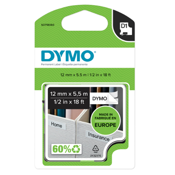 Dymo D1 Permanent Şerit 12mmx7mt Beyaz/Siyah 16959 S0718060