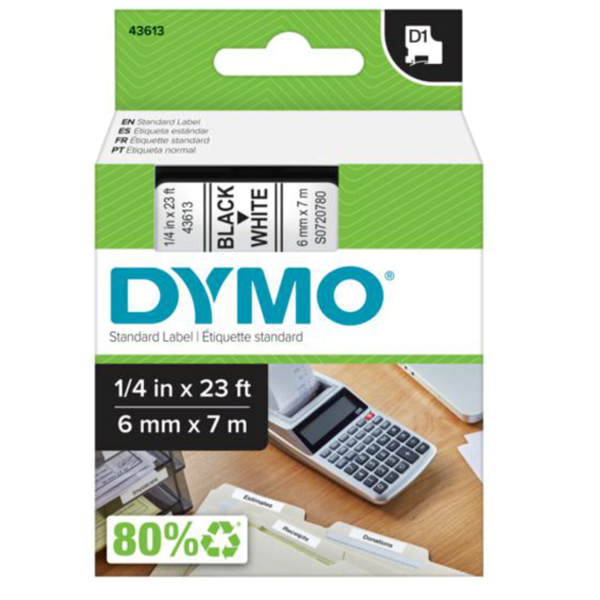 Dymo Şerit D1 6mmx7mt Beyaz/Siyah 43613