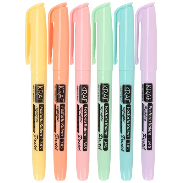 Kraf Fosforlu Kalem Tipi Pastel Renkler 6lı Set 345